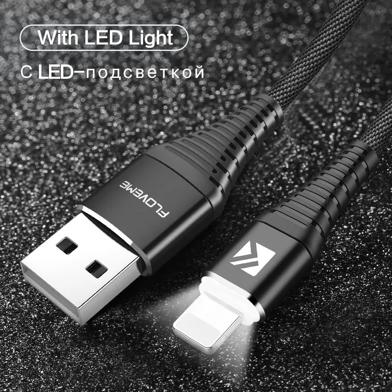 Black With LED FLOVEME светодиодный USB кабель для молнии для iPhone X xr xs 8 7 5 5S se iPad 1 м Привет-растяжение 2A Быстрая зарядка зарядки данных Зарядное устройство кабель for iphone xs max XS XR зарядное устройство usb cable - Цвет: Black With LED