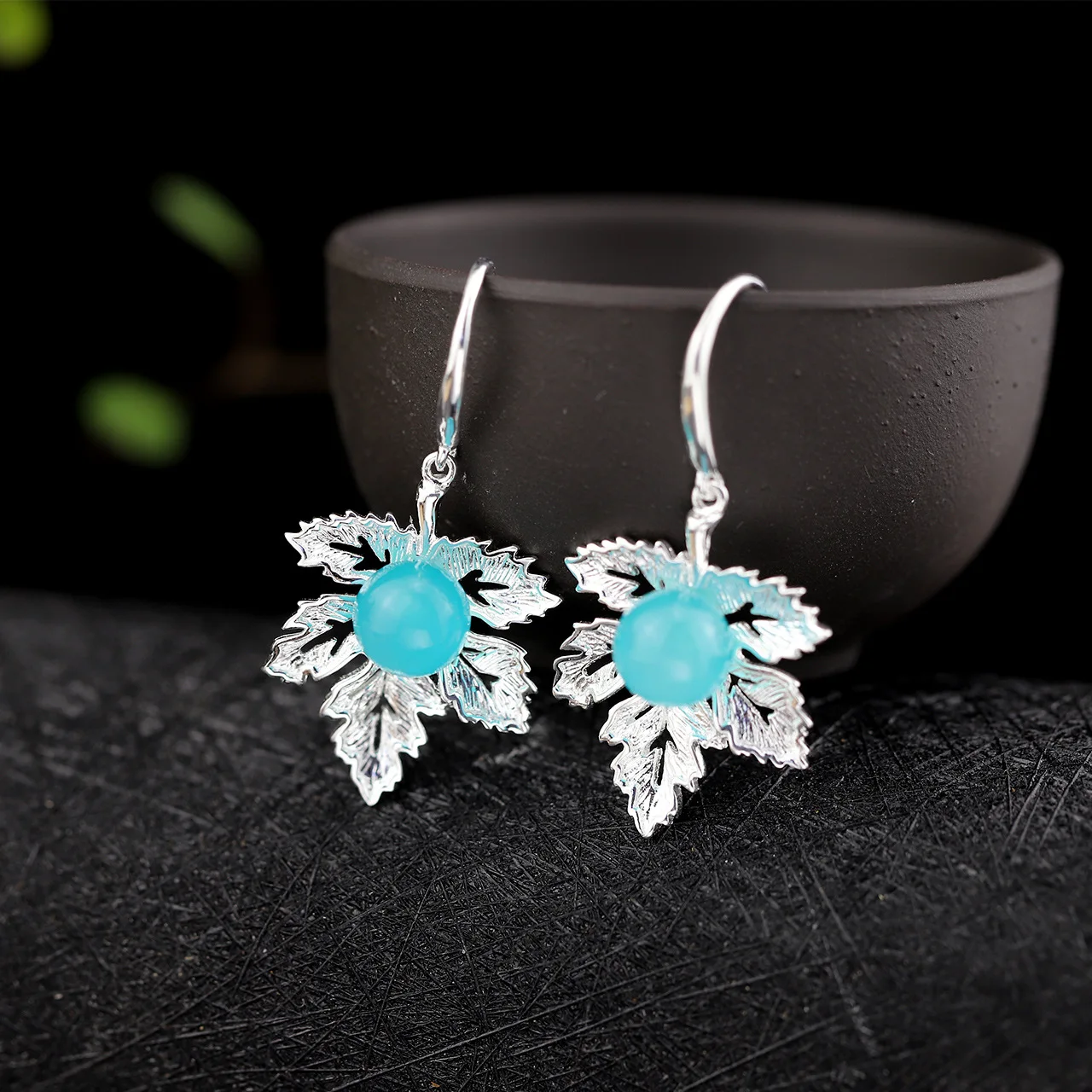 

Character Silver Items Fashion Earrings Wholesale S925 Pure Silver Ornaments Ms Leaf Type Hollow Out Amazonite Pendants