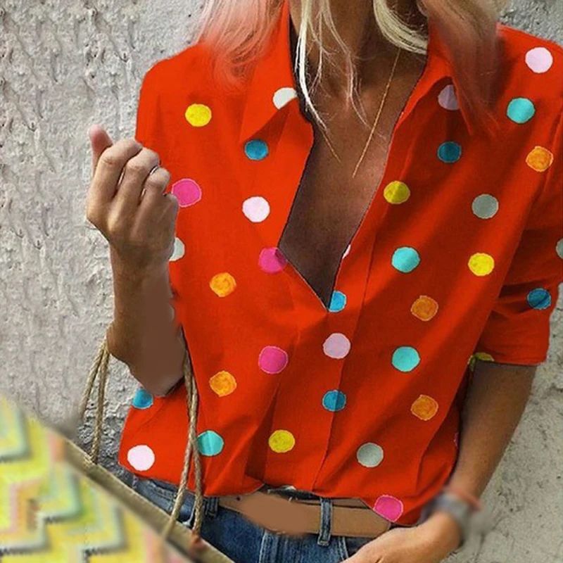 Туника в горошек женская одежда летние топы рубашка свободная с принтом длинным