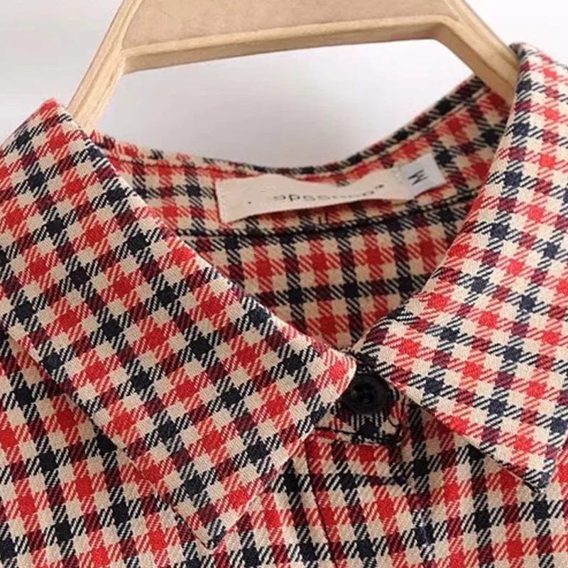 Женская клетчатая рубашка с длинным рукавом, отложной воротник, свободная, Blusas Femme, осенняя, на шнуровке, рубашка, повседневные топы