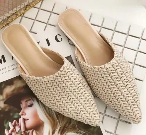 Beige Ткацкие тапочки с острым носком; Летняя женская обувь; удобные шлепанцы на мягкой подошве; женские шлепанцы; однотонные открытые вьетнамки на плоской подошве - Color: Beige