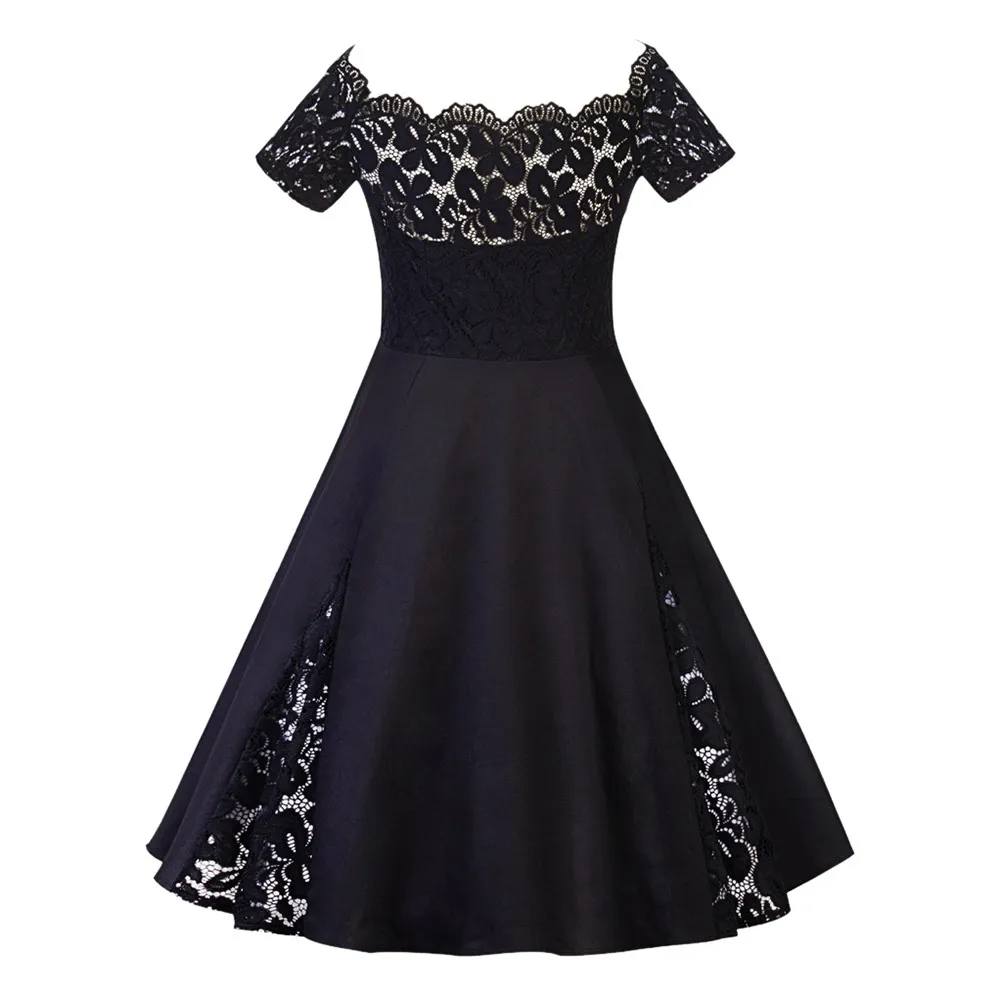Fashion Women Plus Size Patchwork Short Sleeve Party Dress Lady pure color lace stitching sexy lace one-word shoulder dress 11.8