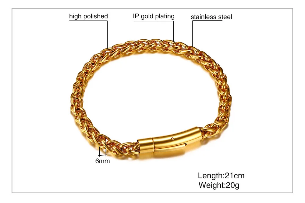 Vnox 6mm Top Quality Stainless Steel Spiga Wheat Chain Link Bracelet for Men Gold Color Closure Punk Hip hop Rocky Male Jewelry