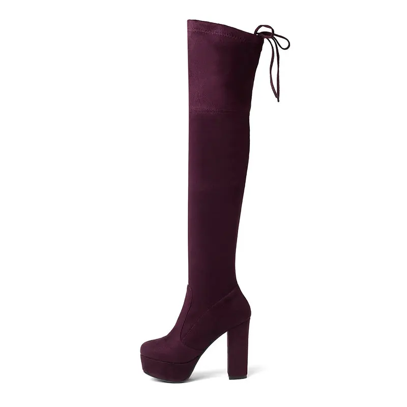 wine red Platform Block Heel Stretch Boots Woman Fashion High Heel Suede Leather Over the Knee Boots Ladies High Heel Thigh Long Boots - Цвет: wine red