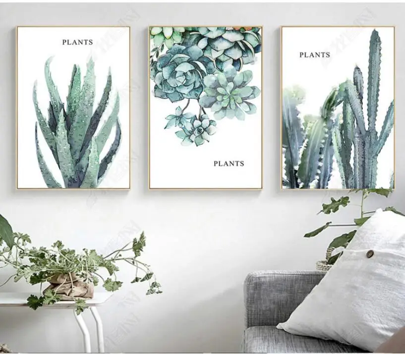 3 Pieces Minimalist Cactus Watercolor Canvas Print Fresh Plants Painting Home Decor Wall Art for Bed Room No Frame