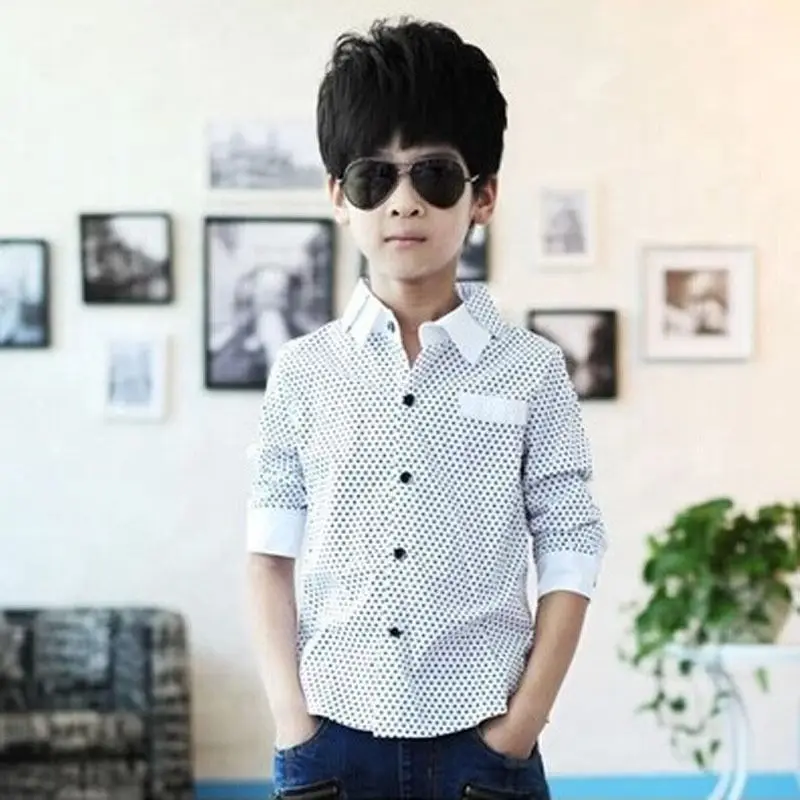 Модная детская деловая рубашка для мальчиков простая в горошек с длинными