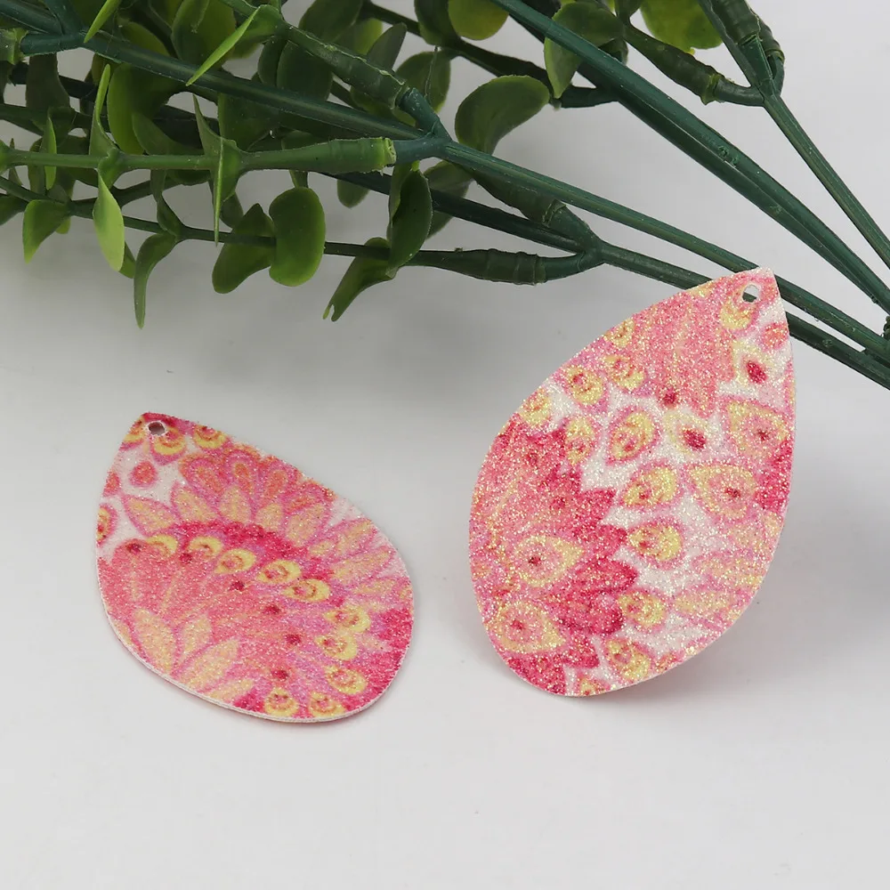 DoreenBeads из искусственной кожи кулон в форме капли воды синий розовый красный павлин узор ювелирные изделия с блестками 55 мм(2 1/") х 36 мм(1 3/8"), 10 шт