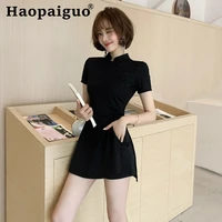 s xxl plus size vintage two piece set chinese traditional top qipao shirt for woman and short pants black chinese 2 piece set