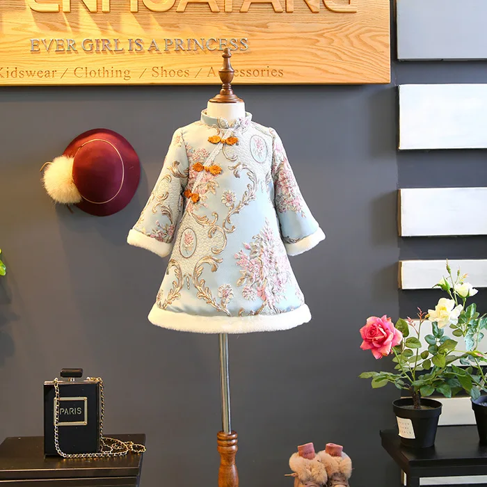 winter thick cheongsam china tang chinese children traditional ancient folk costume age 2-7 yrs little girl long sleeve dress | Детская