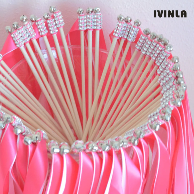 Varitas de cinta elegante para boda, color rojo sand&iacute;a + rosa, varitas de cinta de vapor para fiesta con diamantes de imitaci&oacute;n y campanas, superventas-2