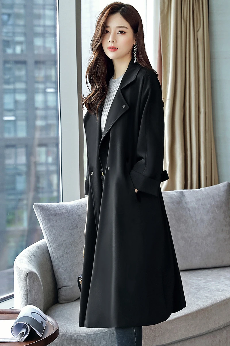 

Fashion Over The Knee Thin Coat Long Windbreaker Solid Color Elegant Waist Belt Double Breasted Office Lady