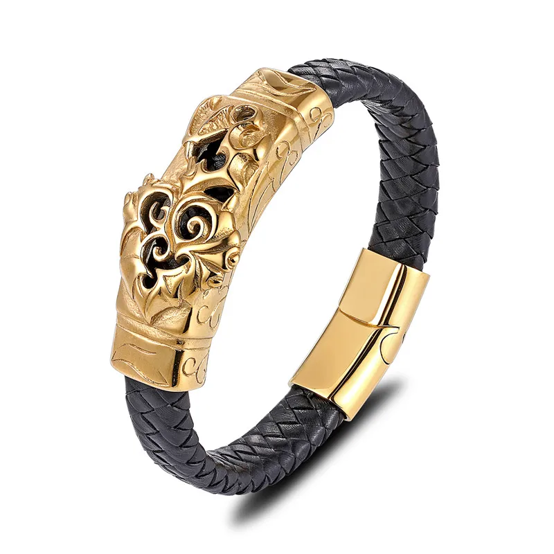 Gold pattern B Новинка, панк браслет из нержавеющей стали и натуральной кожи, мужской браслет с золотым львом, очаровательные браслеты, браслеты, роскошные ювелирные изделия, браслеты - Окраска металла: Gold pattern B