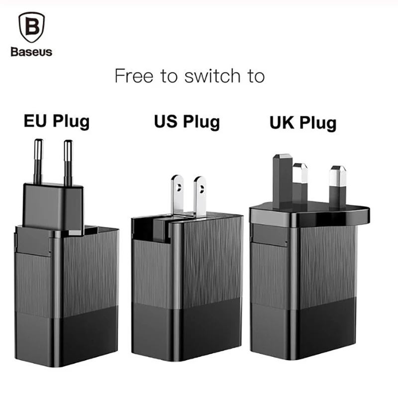 Baseus 3 в 1 USB зарядное устройство 3 порта EU US UK вилка для iphone X samsung S9 2.4A сменная вилка портативное зарядное устройство для путешествий