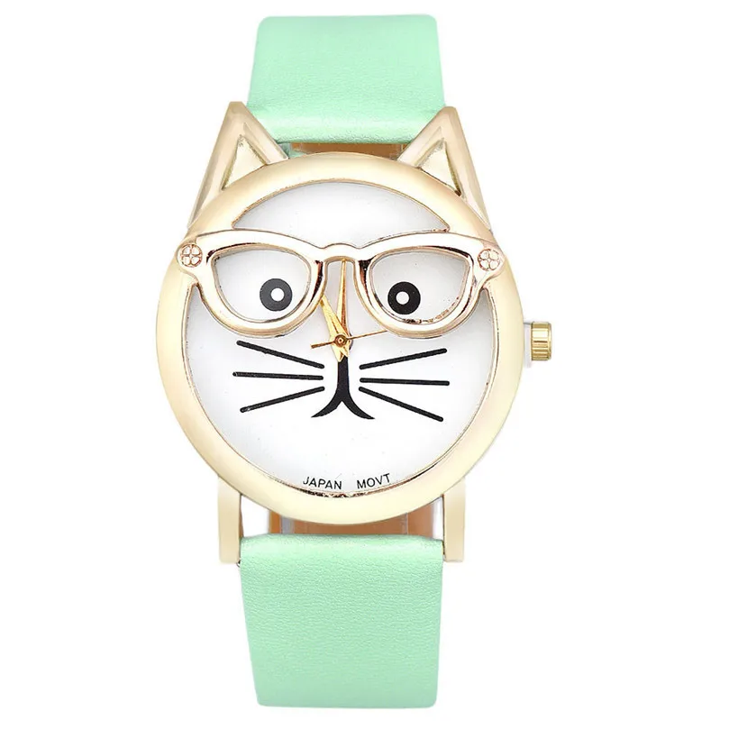 Модные reloj mujer милые кошачьи очки bayan saat кварцевые аналоговые женские часы кожаный