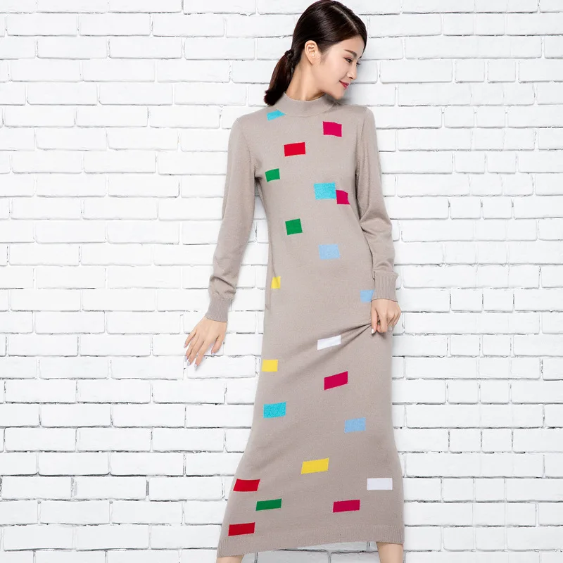 Свитер с воротником Вязание платье Для женщин вязаный длинный кашемир шерсть 2017
