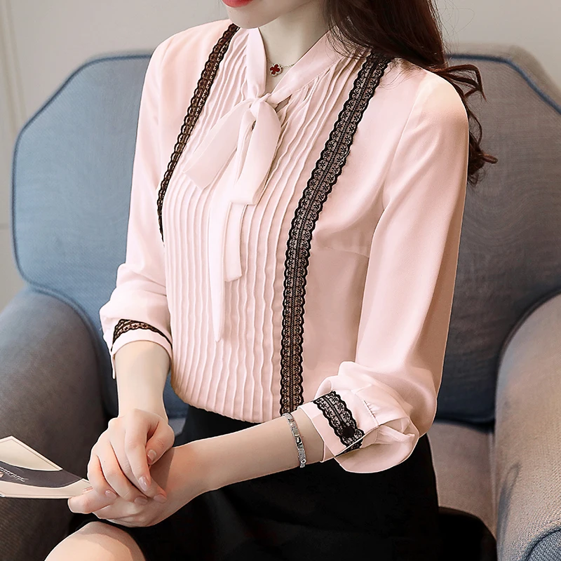 Женская шифоновая блузка с длинным рукавом Офисная однотонная бантом и кружевом