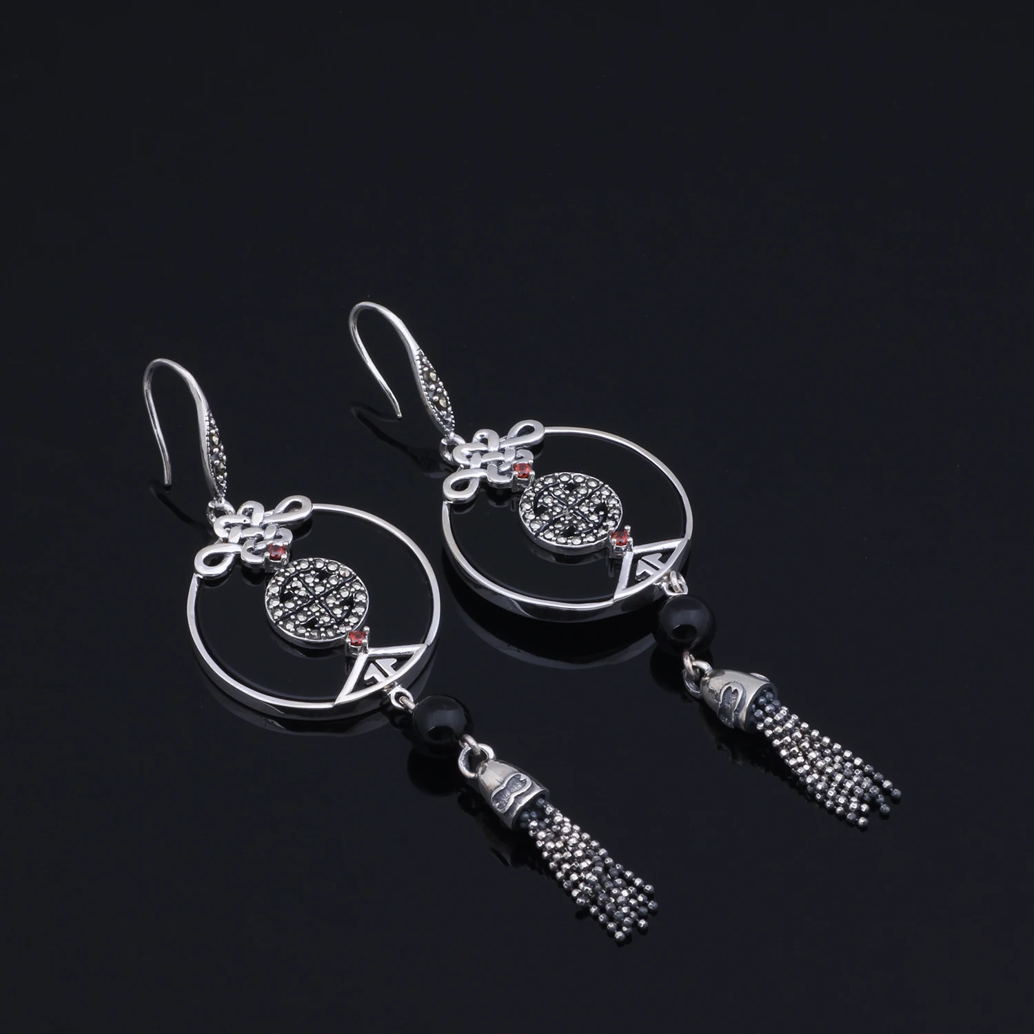 Женские серьги из черного агата MetJakt Винтажные серебра 925 пробы в этническом