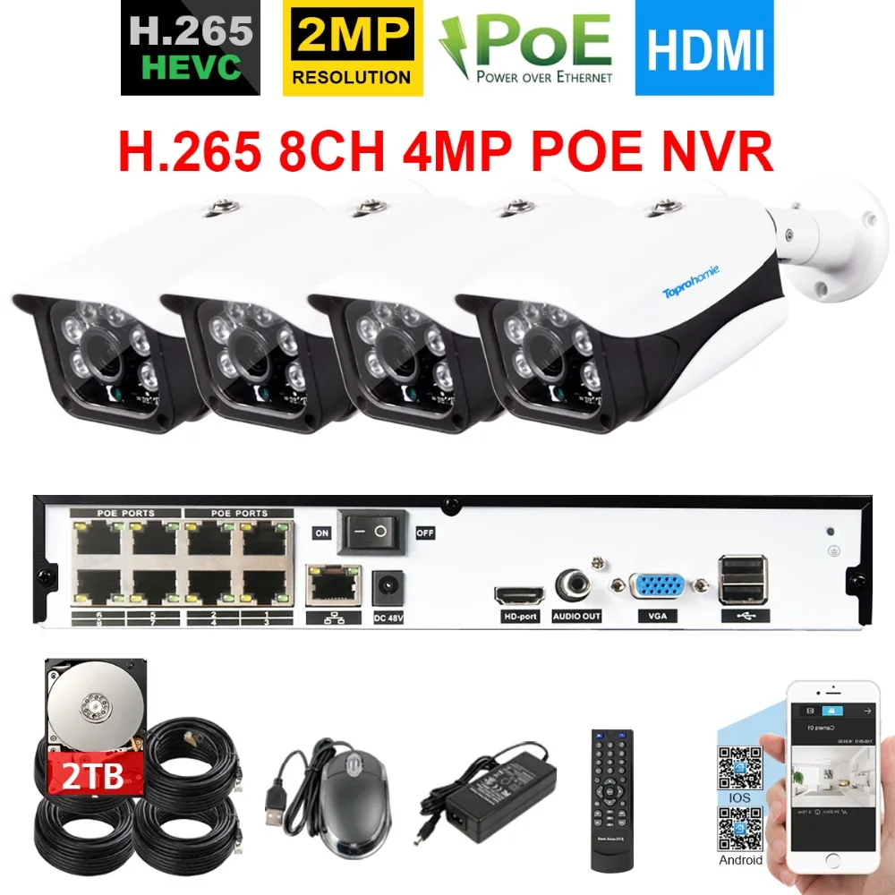 H.265 8CH CCTV NVR системы 4MP POE 4 X HD 2MP 1920*1080 P Открытый водонепроницаемый IP камера Onvif P2P