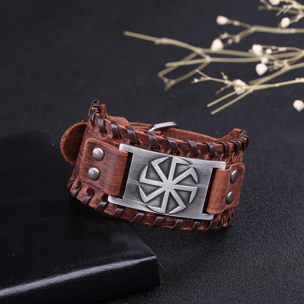 LIKGREAT Slavic Wheel Kolovrat Talisman Charm Bracelets Leather Wrap Cuff Bracelet for Man Women Wicca Jewelry Accessories