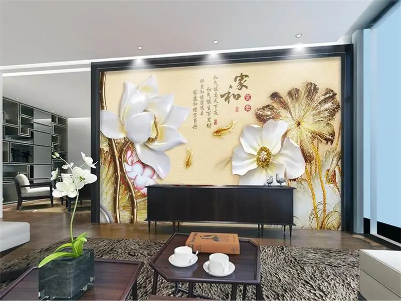 

3d обои для комнат, фотообои на заказ, рельефная картина Лотос кои, картина, 3d фон, настенные нетканые Настенные обои для стен, 3d