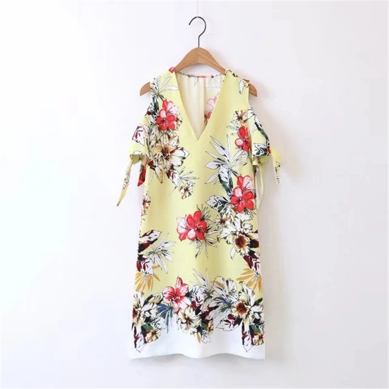 Летние Цветочный Принт без бретелек с v образным вырезом по колено прямое платье