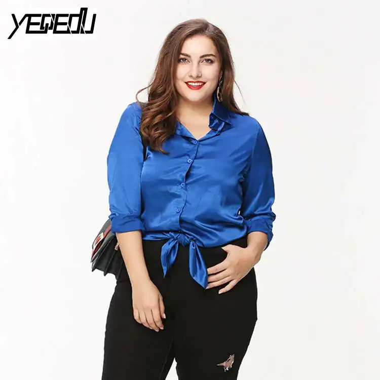 #1209 Blouses 2018 Spring Blue Tie Embroidery shirt women Sexy Loose Long sleeve Ruffle top Bright Embroidered blouse Asymmetric |