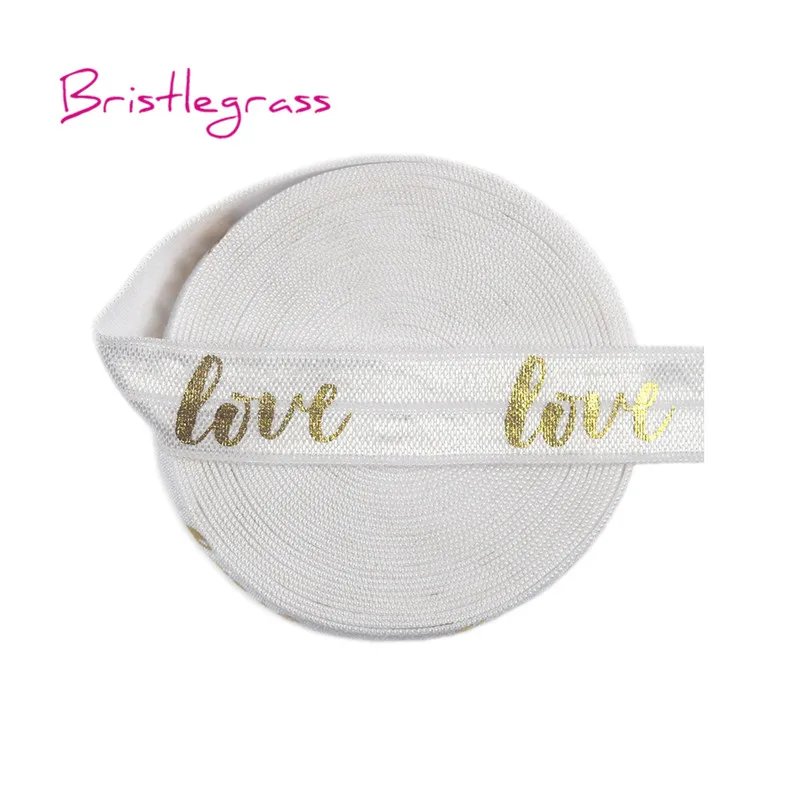 White BRISTLEGRASS 5 Ярд 5/" 15 мм Золотая любовь фольга печать блестящая складка над эластичным врагом спандекс атласная лента платье с повязкой DIY шитье отделка - Цвет: White