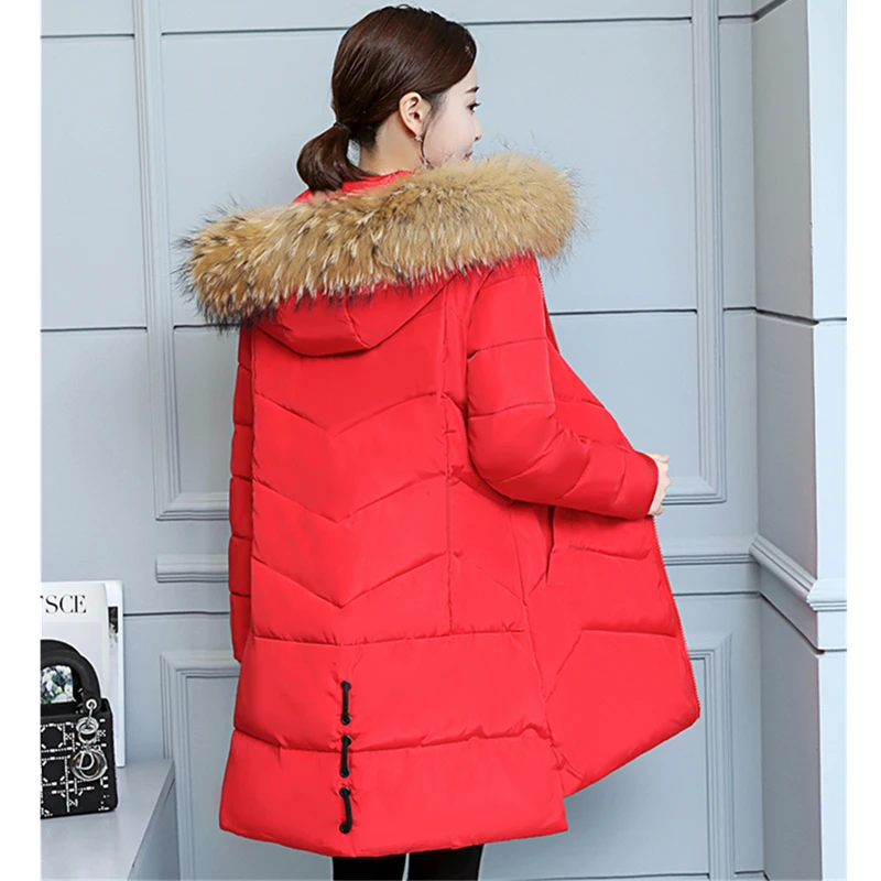 Parka Women 2020 Winter Red Jacket Long Coat Plus size Big Fur Collar Hooded Down Female Cotton Padded Coats | Женская одежда