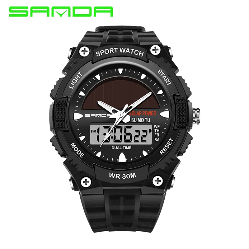 SANDA Новая мода Япония Movt мужские спортивные солнечные часы Led Dual Timezone цифровые