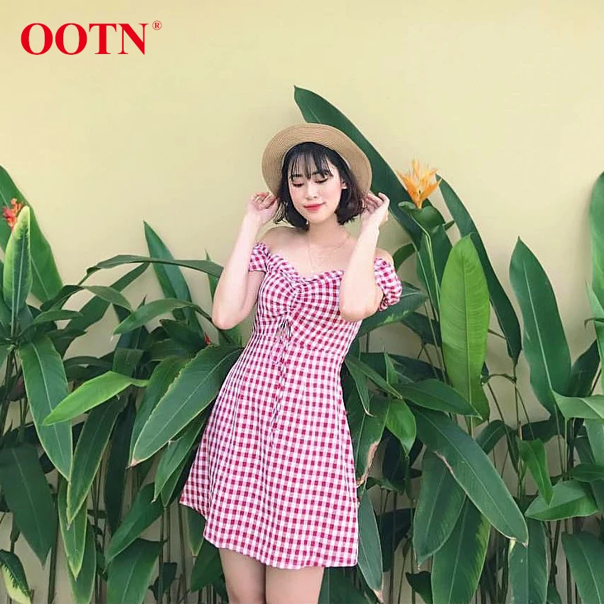 OOTN Красное Белое клетчатое женское мини-платье кружевные буффы на рукавах винтажные летние сарафаны Повседневные женские короткие платья на шнурке