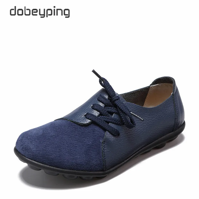 dobeyping New Genuine Leather Women Flats Spring Autumn Woman Shoes Lace Up Women's Loafers Solid Female Casual Shoe Size 35-44