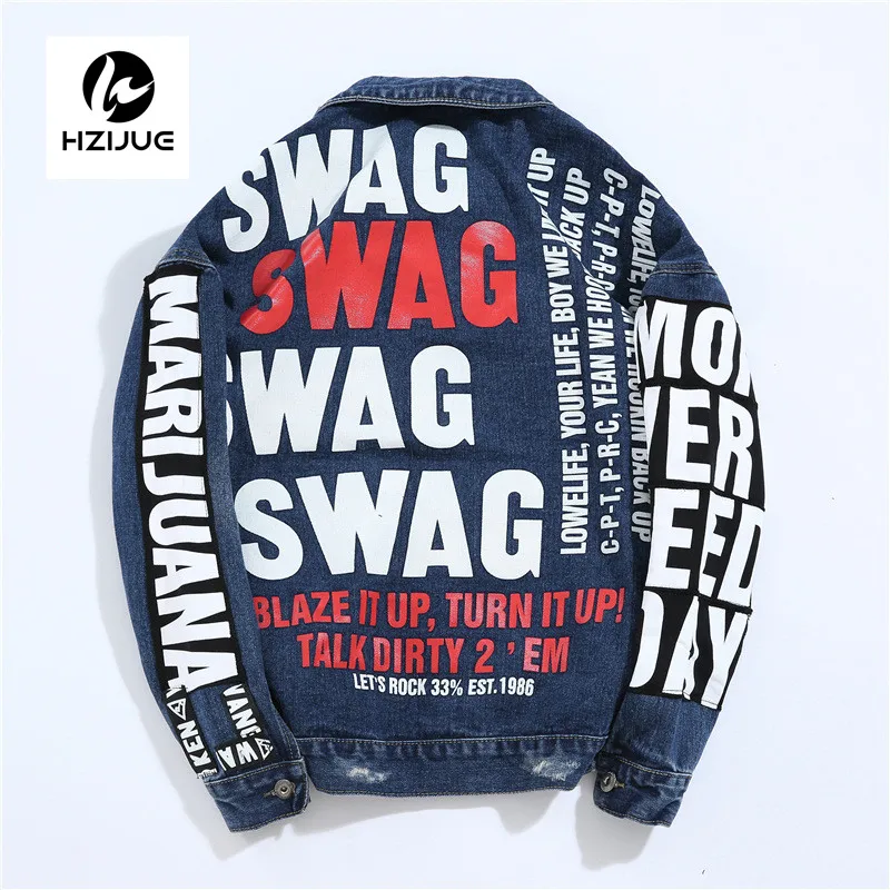 HZIJUE мужские джинсовые куртки Swag с дырками на молнии, джинсовые куртки, мужские синие пальто в стиле хип-хоп, американские размеры s-xl