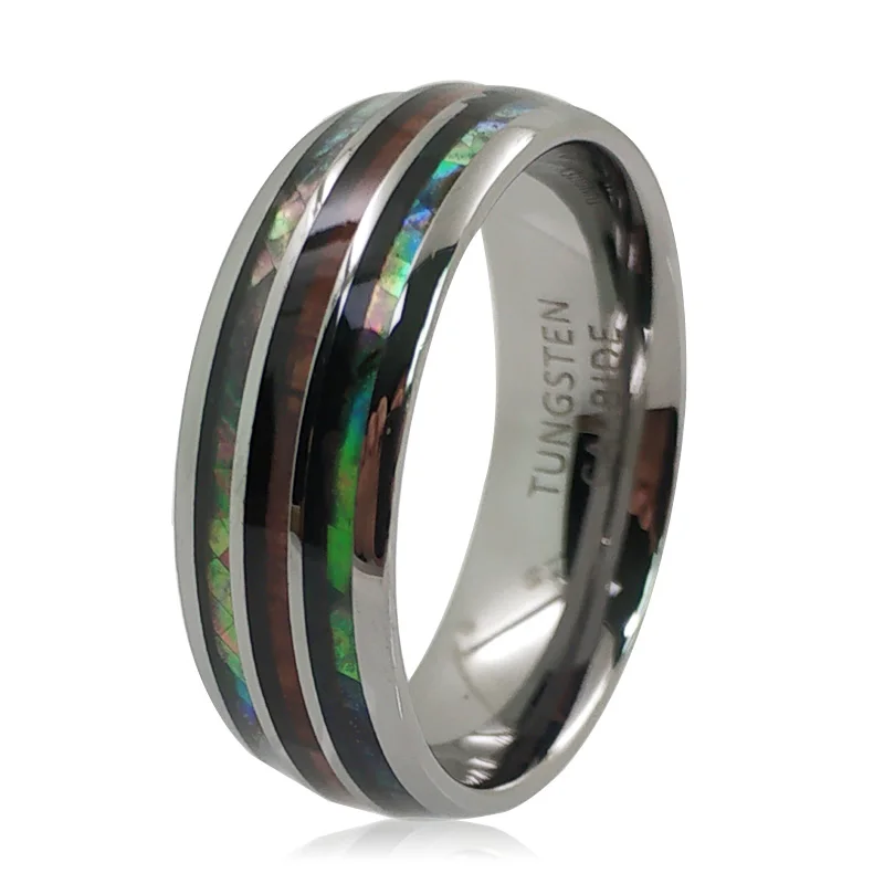 

8mm Hawaiian Koa Wood and Abalone Shell Tungsten Carbide Rings Dome Triple Grooved Wedding Band for Men Women