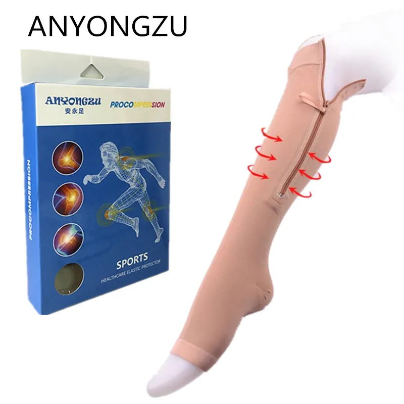 Фото Уличные спортивные защитные компрессионные чулки ANYONGZU с открытым носком на молнии для профилактики варикозного расширения вен №1