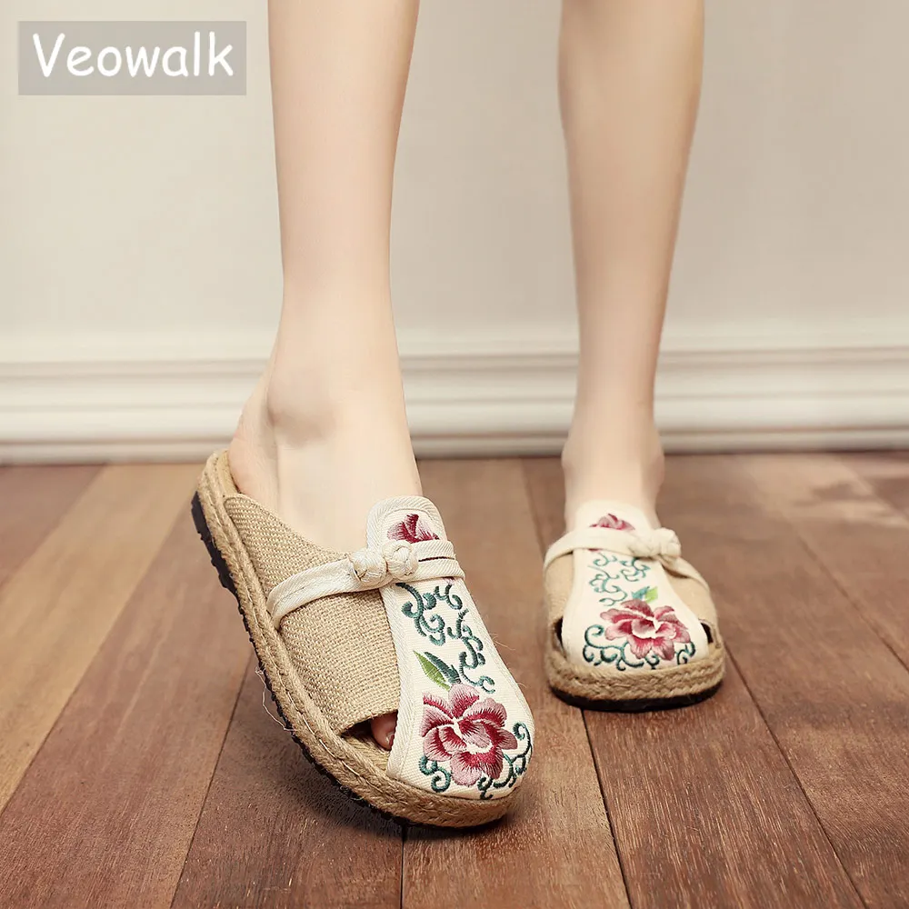 Veowalk/женские льняные тапочки на плоской подошве с вышивкой ручной работы в