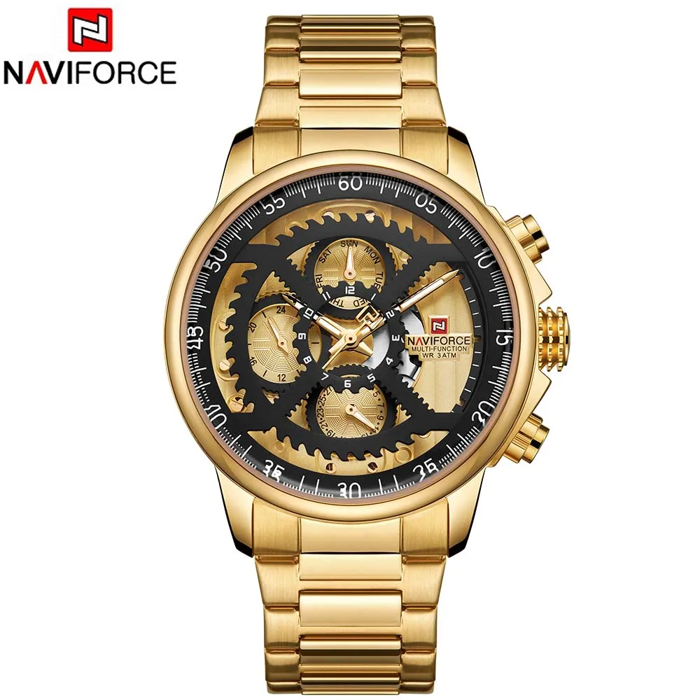 Naviforce 9150 мужские s часы лучший бренд класса люкс кварцевые часы Стальные мужские военные водонепроницаемые спортивные наручные часы мужские - Цвет: Золотой