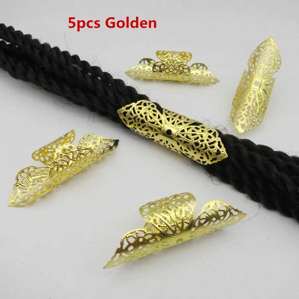 5pcs Golden 5 шт.-10 шт. золотистые/серебряные большие регулируемые волосы оплетка dread дредлок бусины манжеты зажимы трубка около 15 мм отверстие для волос аксессуары - Цвет: 5pcs Golden