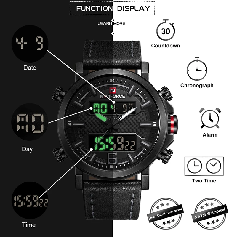 Часы NAVIFORCE мужские модные спортивные кожаные водонепроницаемые кварцевые