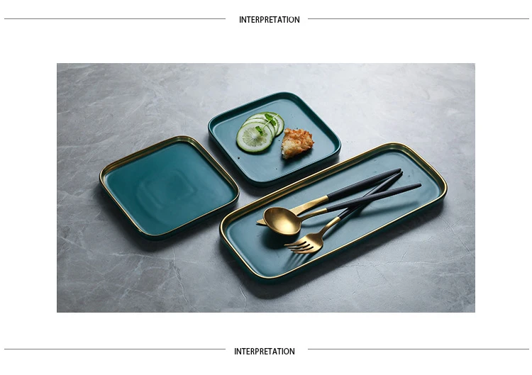 Новинка, зеленые керамические тарелки с золотым ободком, блюдо для еды в скандинавском стиле, ретро фарфоровая посуда, миска, обеденная тарелка, набор посуды