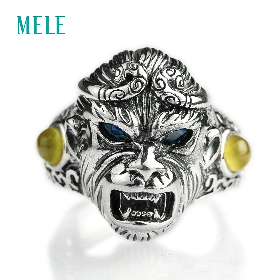 MELE  Natural sapphire and prehnite silver 925 rings for man, Au Masculin jewelry with Monkey King shape