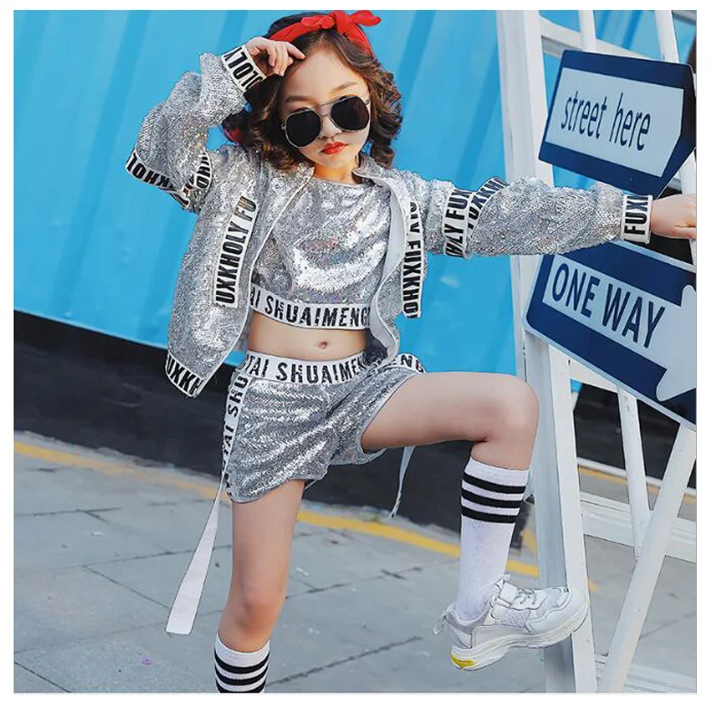 

Kids Sequined Ballroom Jazz Hip Hop Dance Competition Costumes Girls Sliver Tops Pants Stage wear Party Dancing Clothing Outfits