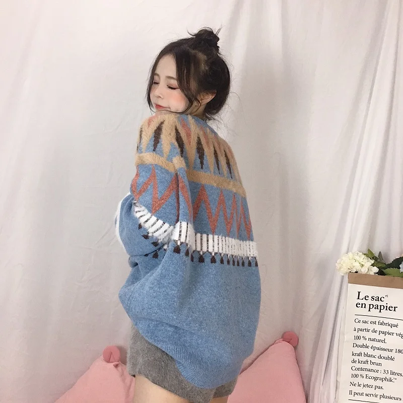 Lychee Girls Geometric Knitted Thick Women Sweater O Neck Long Batwing Sleeve Female Spring Autumn Preppy Style Pullover | Женская