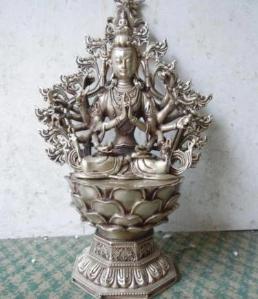

12" China silver Buddhism 18 hands Kwan-yin Guanyin Buddha Sculpture Statue