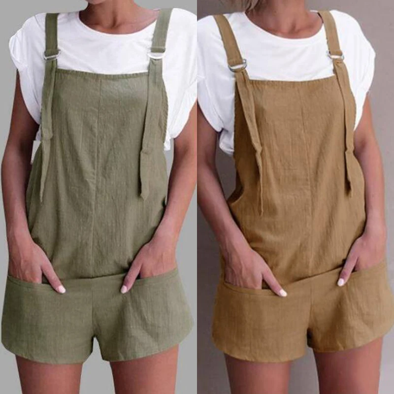 Женские комбинезоны на бретельках летние с карманами свободные короткие без