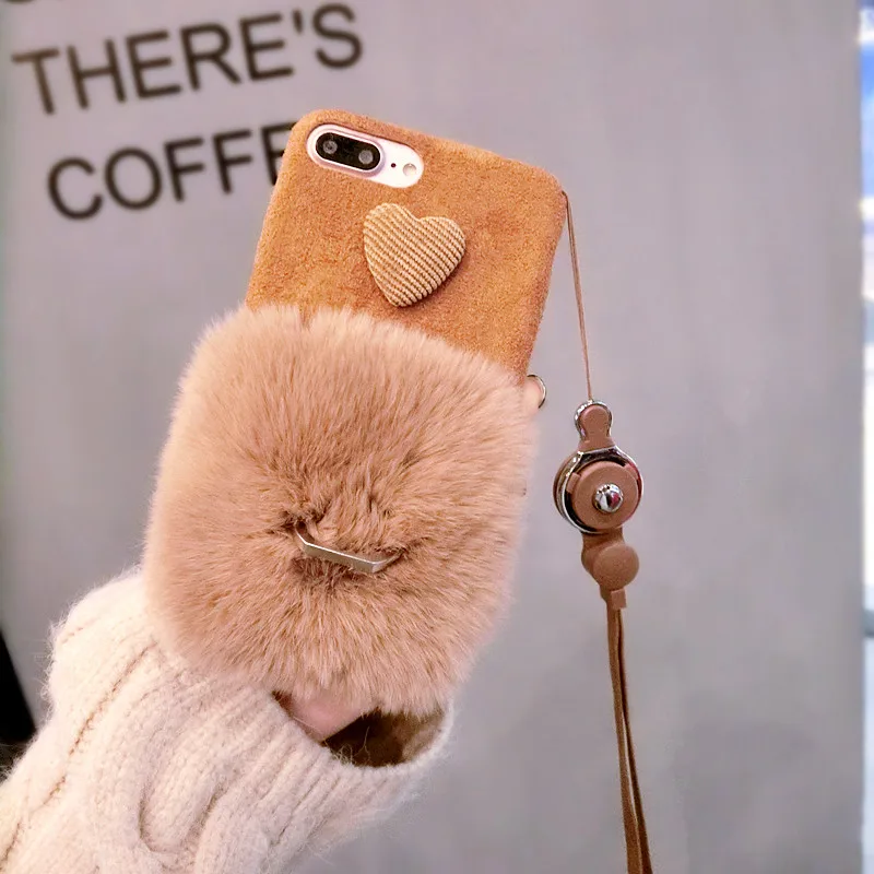 Зимний теплый плюшевый чехол для iphone 11 Pro MAX 6 6s 7 8 Plus X XS MAX XR телефонный чехол сo шнуром кроличья шерсть кронштейн женские модели