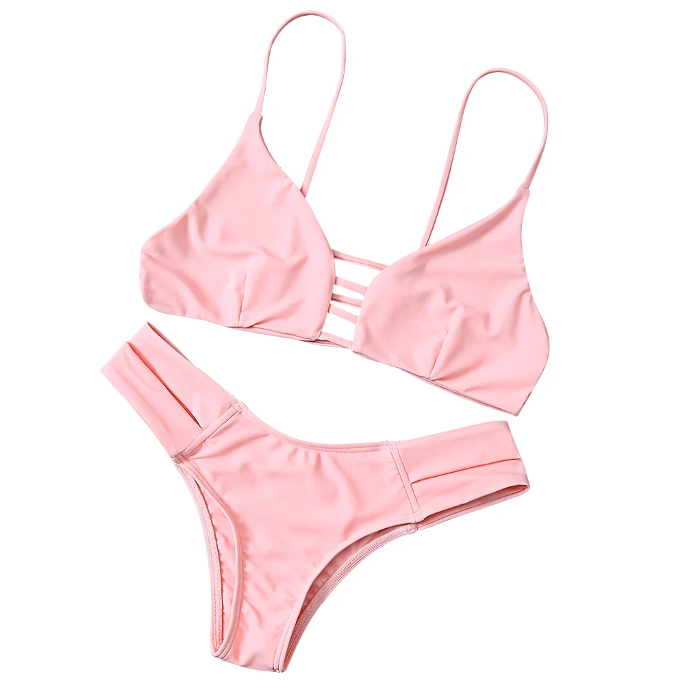 Shallow Pink ZAFUL Бикини токние Ремни Бикини Сексуальный сплошной женский купальник Push Up Купальник с низкой талией Купальники Бикини - Цвет: Shallow Pink