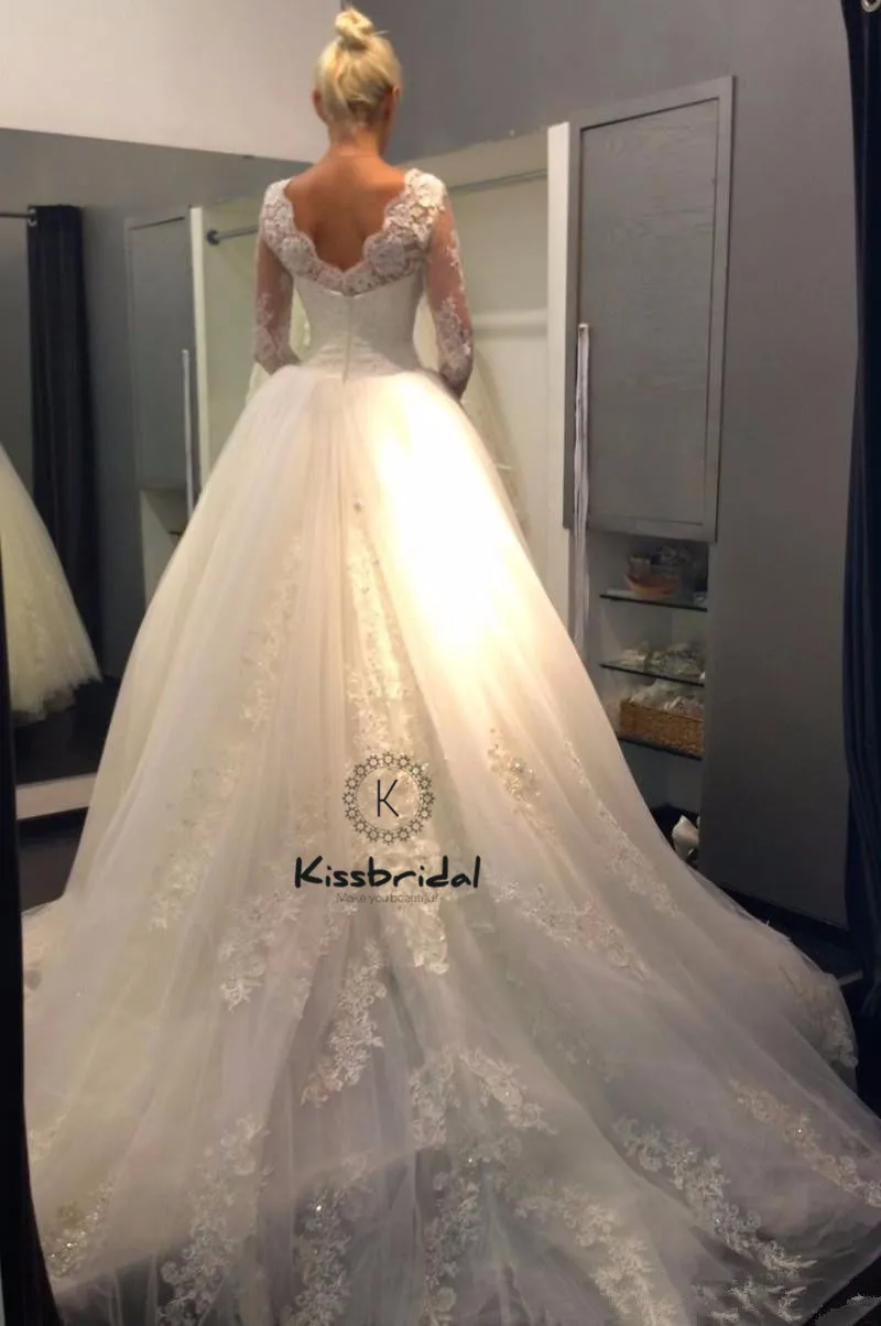 

New Elegant Long Sleeve High Neck Wedding Dresses 2018 Zipper Back Chapel Train Lace Tulle Wedding Gown