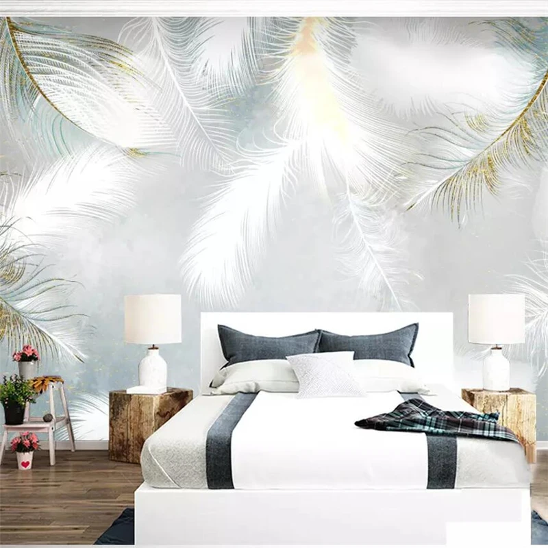 

wellyu Modern minimalist hand-painted watercolor feathers Nordic clean wall custom large murals green wallpaper mural