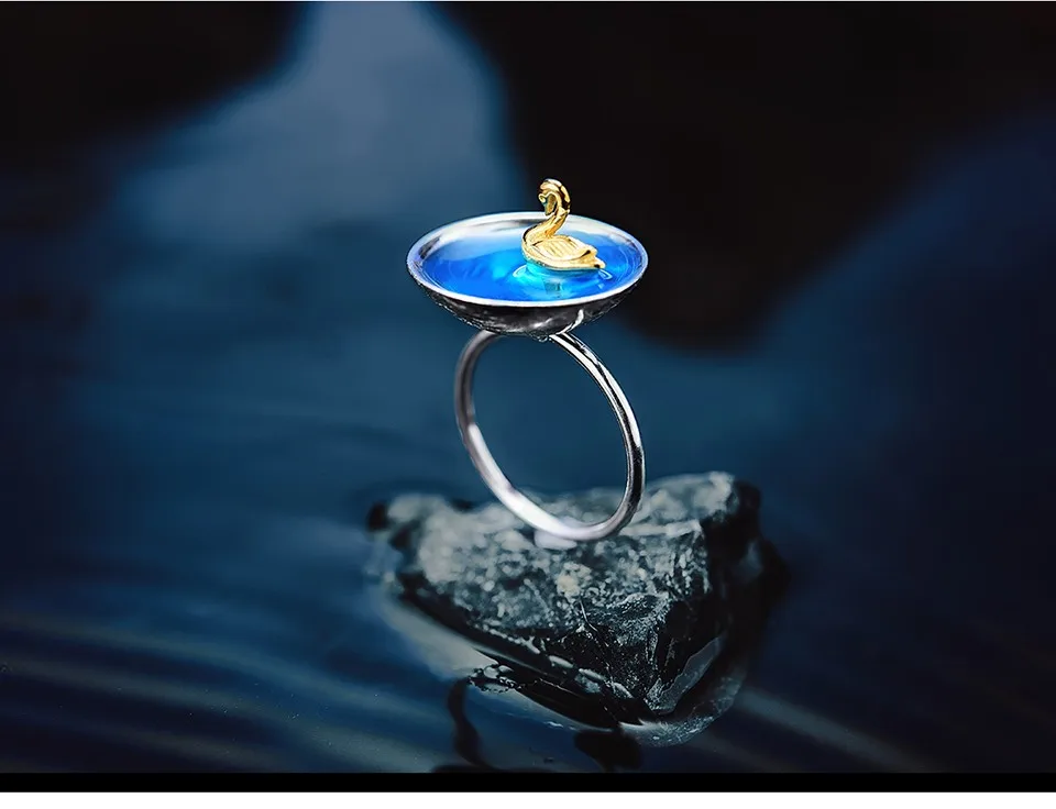 Lotus Fun реальные 925 серебро Fine Jewelry Природный творческий ручной работы дизайнера поэтический лебедь в море кольца для Для женщин bijoux