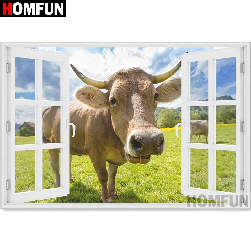 HOMFUN Full Square/Round Drill 5D DIY Diamond Painting "Window cow" 3D Diamond Embroidery Cross Stitch Home Decor A18566